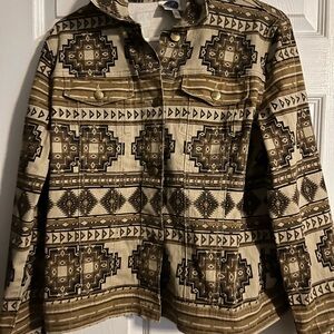 Diane Gilman Brown Tan Jean Jacket with Geometric Pattern